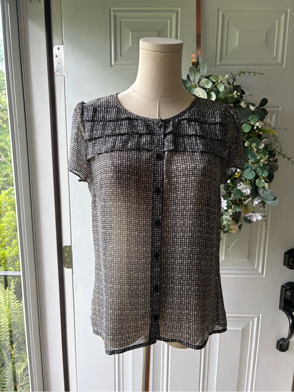 East 5th Black and White Sheer Check Ruffle Button-Front Top